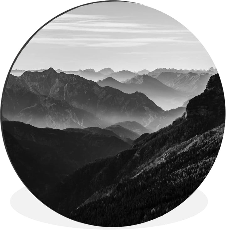MuchoWow Wandbild Rund Wanddeko Deko Wohnzimmer Bilder 30x30 cm Berge - Natur - Nebel, 30x30 cm