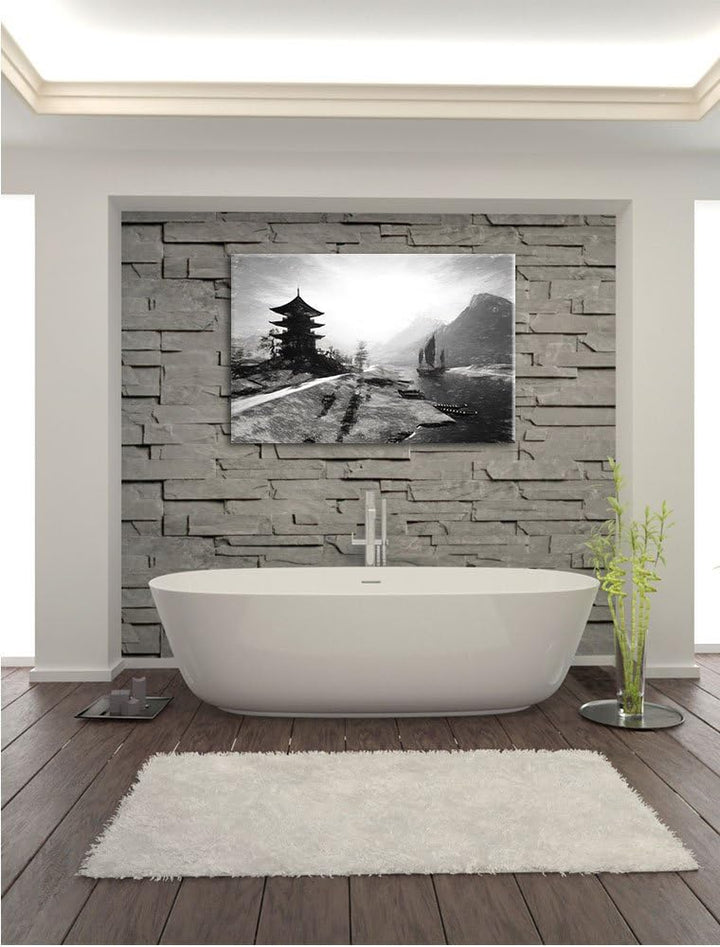 Pixxprint asiatischer Tempel an Fluss als Leinwandbild/Grösse: 100x70 cm/Wandbild/Kunstdruck/fertig