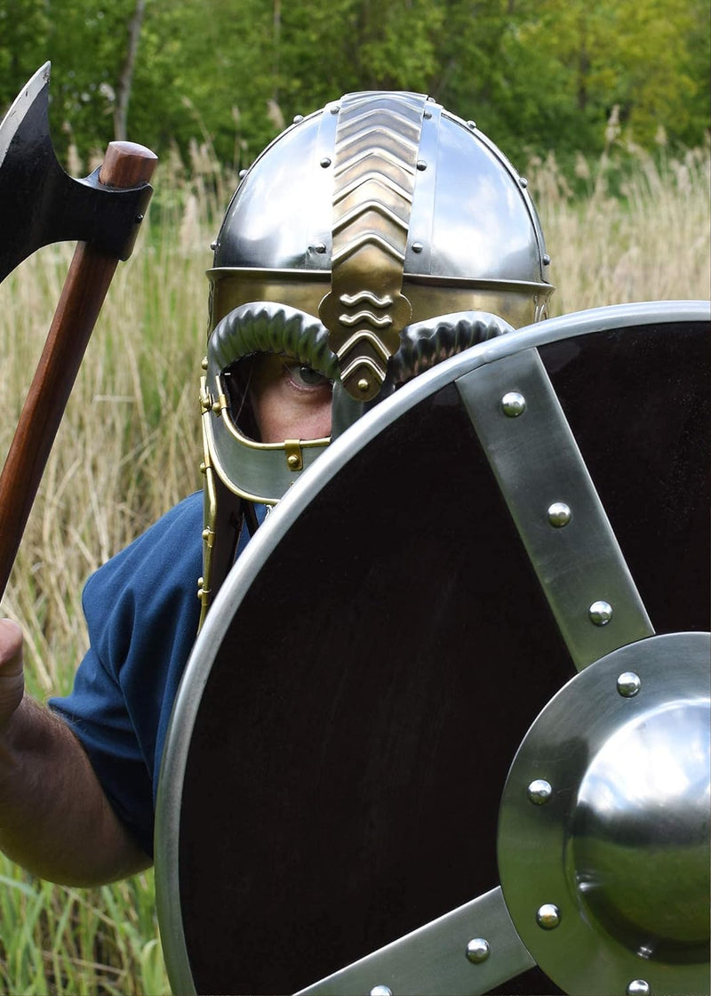 Battle-Merchant Brillenhelm Beowulf mit Wangenklappen und Kettenbrünne mit verstellbarem Lederinlay
