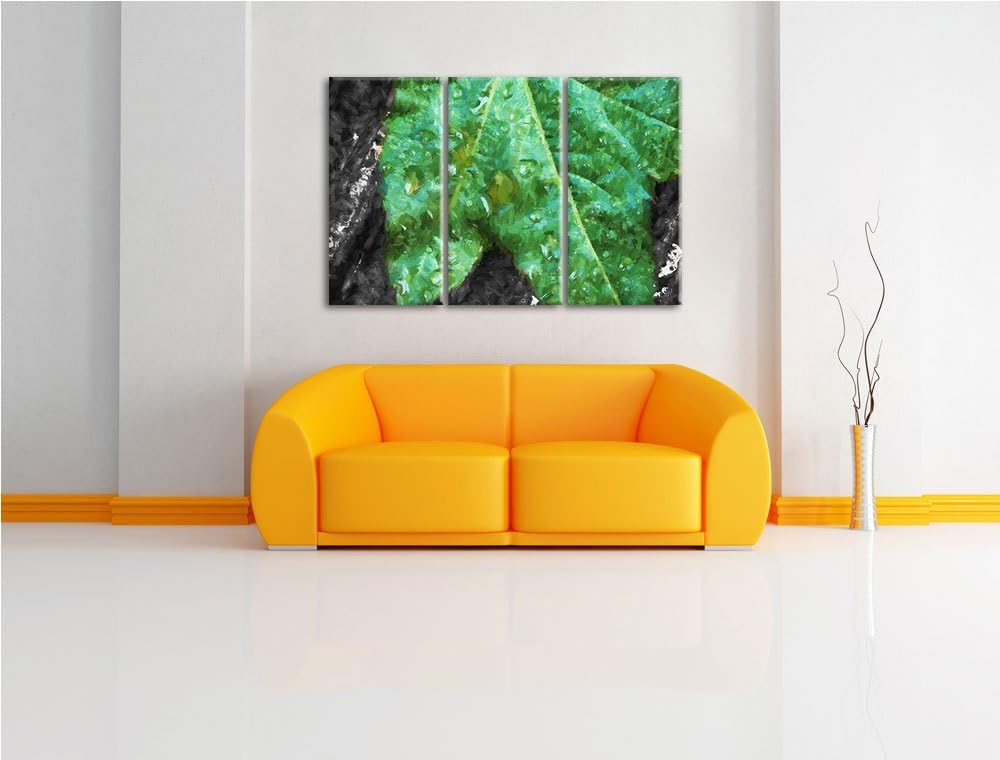 viele kleine Regentropfen auf Blatt schwarz/weiss Deluxe 3-Teiler Leinwandbild 120x80 Bild auf Leinw