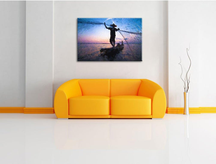 Pixxprint Fischer wirft Sein Netz aus / 100x70cm Leinwandbild bespannt auf Holzrahmen/Wandbild Kunst