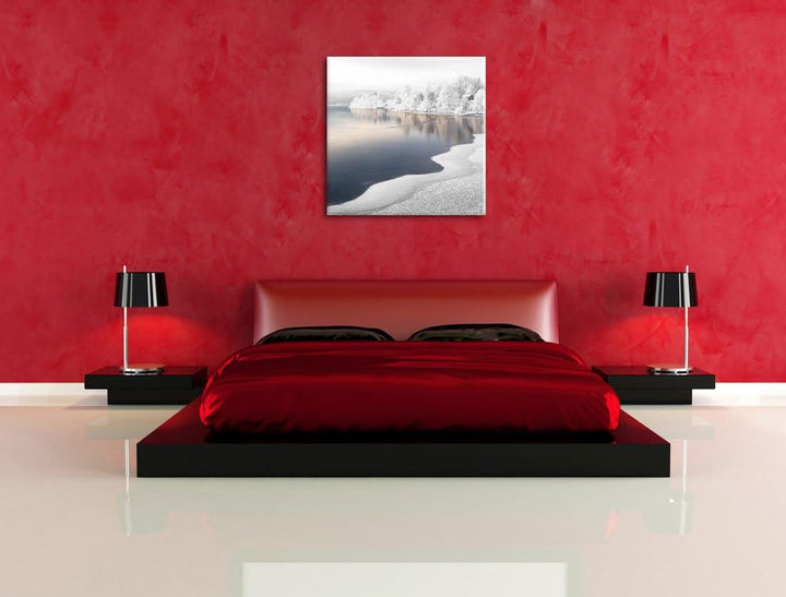 Pixxprint Traumhafte Winterlandschaft Wald Schnee schwarz/weiss, Format: 70x70 auf Leinwand, 70x70