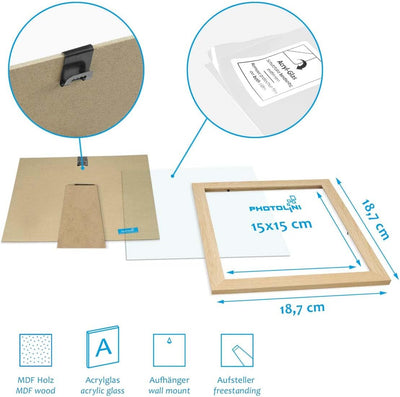 PHOTOLINI Bilderrahmen 15x15 cm MDF-Holz Natur, breite Rahmen, 10er Set, modern, bruchsicheres Acryl