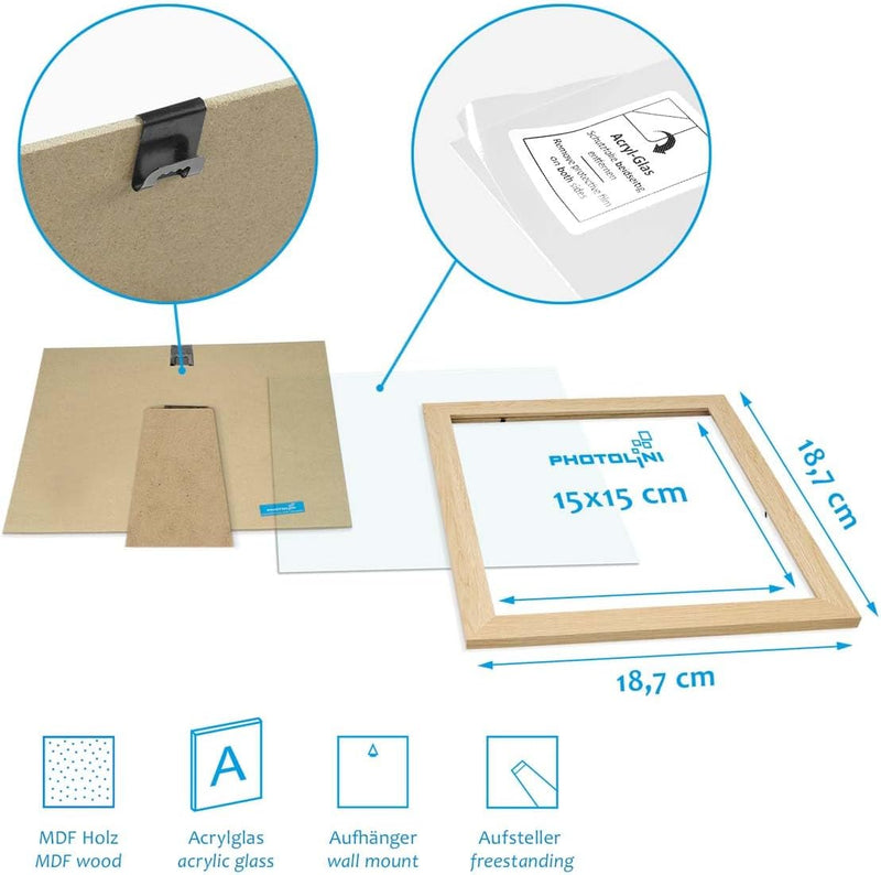 PHOTOLINI Bilderrahmen 15x15 cm MDF-Holz Natur, breite Rahmen, 10er Set, modern, bruchsicheres Acryl