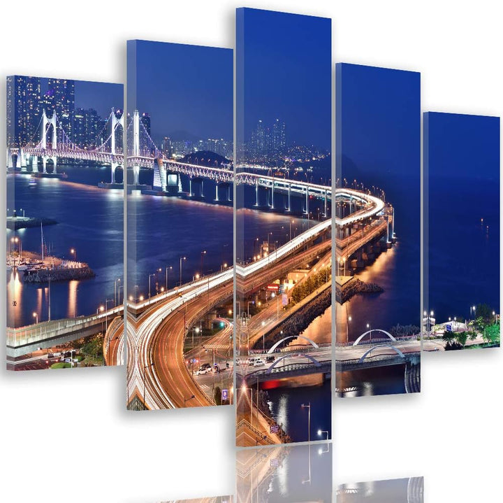Wanddeko XXL Architektur Leinwandbild 5 Teilig Brücke Stadt See blau 100x70 cm Leinwandbild 100x70 c