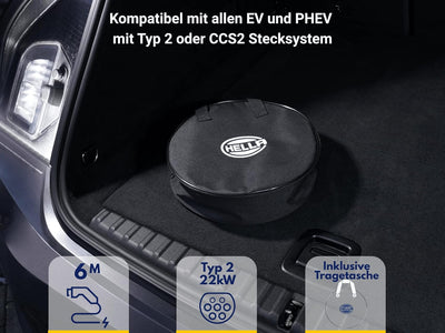 HELLA 8KE 358 255-051 Typ 2 Ladekabel 22KW für EV Elektroautos und Plug-in Hybrid - 3phasig - 32 A -