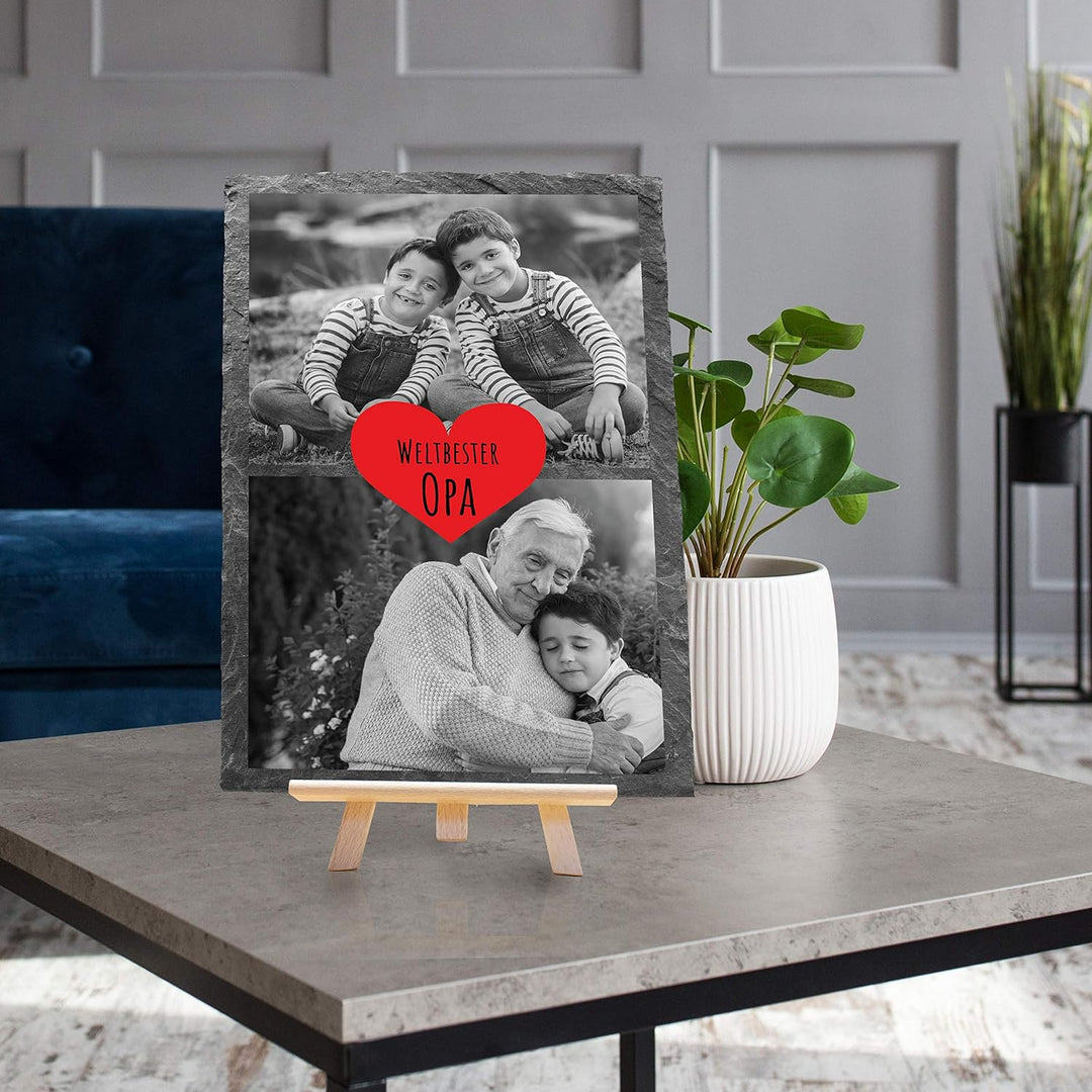 wandmotiv24 Schiefertafel Bester Opa mit Holz-Staffelei, Personalisiert mit 2 Schwarzweiss-Fotos, Di