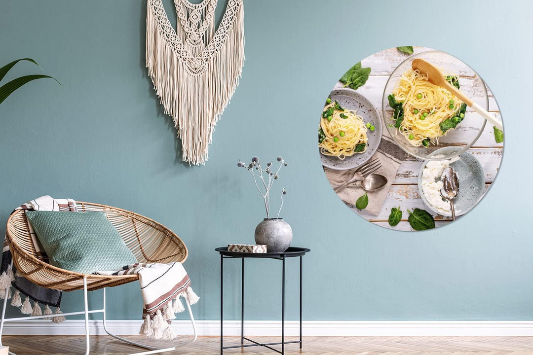 MuchoWow Wandbild Rund Wanddeko Deko Wohnzimmer Bilder 90x90 cm Nudeln - Basilikum - Kochen, 90x90 c