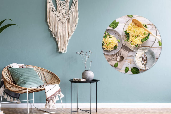 MuchoWow Wandbild Rund Wanddeko Deko Wohnzimmer Bilder 90x90 cm Nudeln - Basilikum - Kochen, 90x90 c
