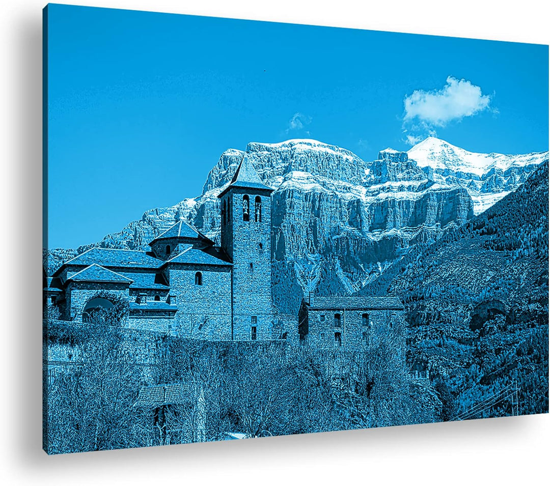 Burg in den Pyrenäen Format 80x60 Effekt: Monocrome Blau als Leinwandbild, Motiv fertig gerahmt auf