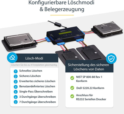 StarTech.com SSD/HDD Festplattenlöschgerät mit 4 Steckplätzen - 2,5" & 3,5" SATA - Selbständiges Sic