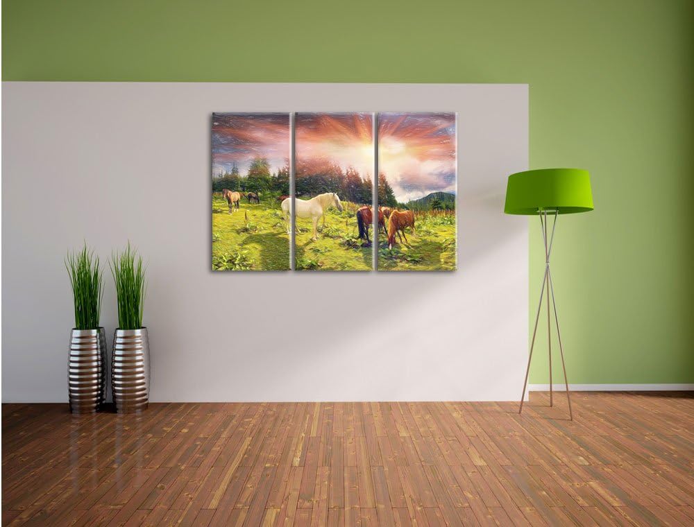 Pixxprint Mustangs Pferde auf den Bergen als Leinwandbild/Grösse: 3 Teilig (120x80 cm) cm/Wandbild/K
