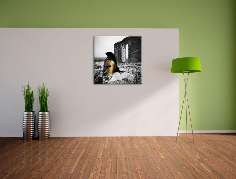 Pixxprint Alter Helm Einer Rüstung vor Ruine schwarz/weiss, Format: 70x70 auf Leinwand, 70x70