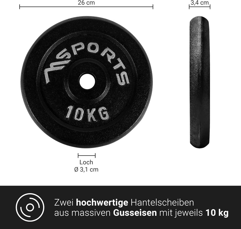 MSPORTS Hantelscheiben Paar Professional aus 100% Gusseisen 5-30 kg Hantel 2 x 10 kg - Schwarz, 2 x