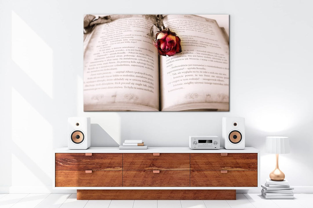 deyoli altes Buch mit roter Rose im Format: 80x60 als Leinwandbild, Motiv fertig gerahmt auf Echthol