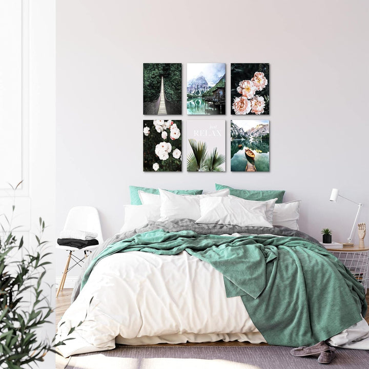 Novart Set Wandbilder - KEIN EXTRA RAMEN BENÖTIGT - Wohnzimmer Schlafzimmer - Bilder Modern See Berg