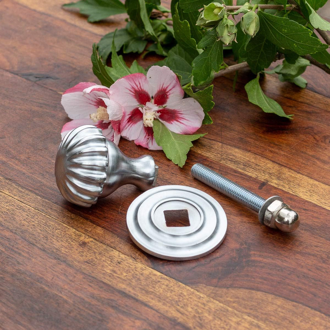 Antikas - Türknauf mit Rosette, feststehend, Türdrücker aus mattem Chrom, wie antik