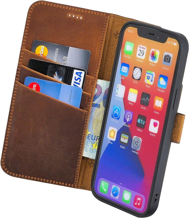 Suncase Book-Style Hülle kompatibel mit iPhone 12 Pro (6.1") Leder Tasche (Slim-Fit) Lederhülle Hand