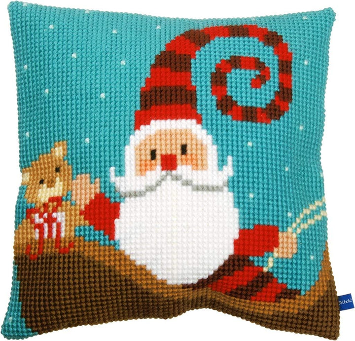 Vervaco Kreuzstichkissen Lustier Weihnachtsmann Kreuzstichpackung, Stramin, Weiss, 40 x 40 x 0,3 cm