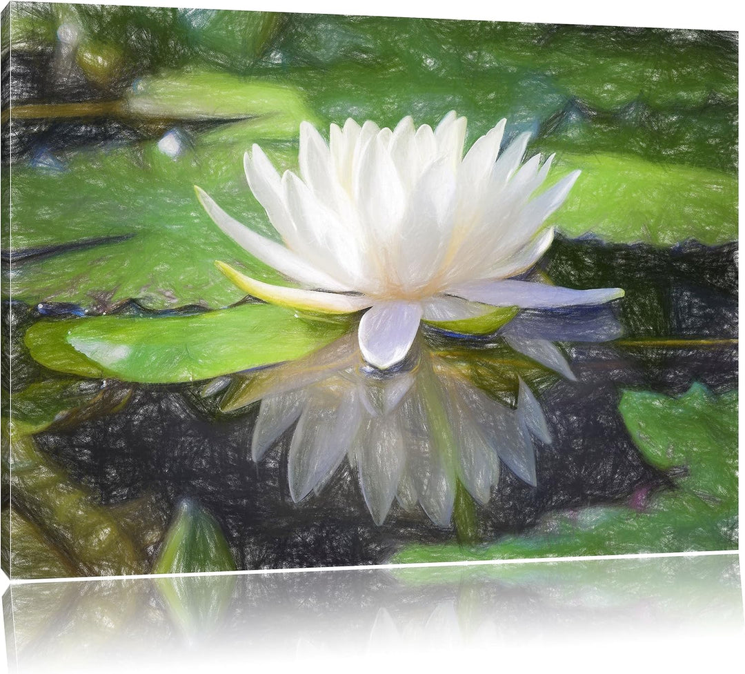 Pixxprint Weisse Lotusblume im Wasser / 100x70cm Leinwandbild bespannt auf Holzrahmen/Wandbild Kunst