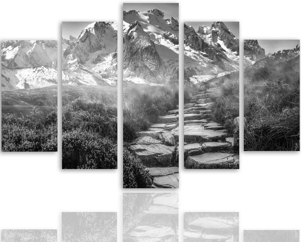 Feeby Bilder Berge 300x140 cm - Leinwandbild 5 Teilig XXL Kunstdruck Pfad Steine grau Leinwandbild X