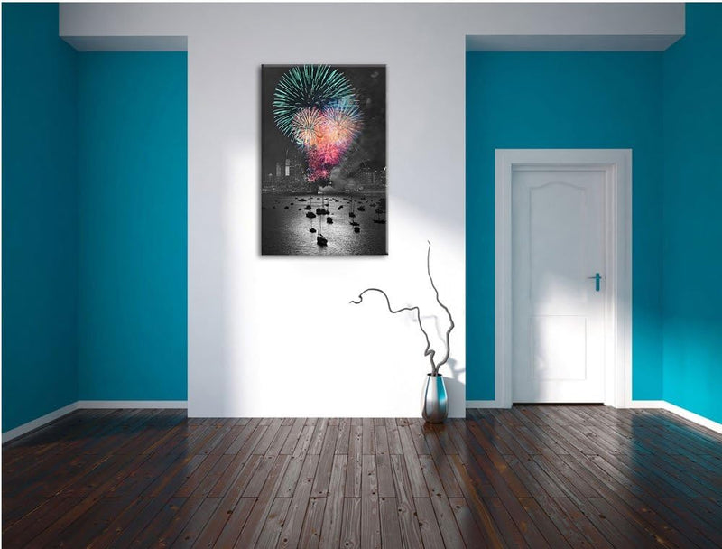 atemberaubendes Feuerwerk über Meer schwarz/weiss Format: 100x70 auf Leinwand, XXL riesige Bilder fe
