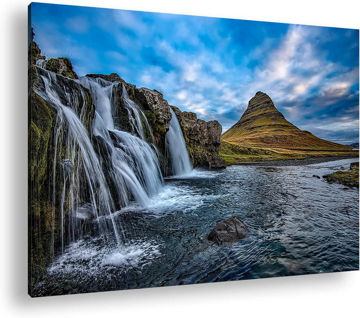 deyoli atemberaubende Wasserfälle in Island Format: 100x70 als Leinwand, Motiv fertig gerahmt auf Ec