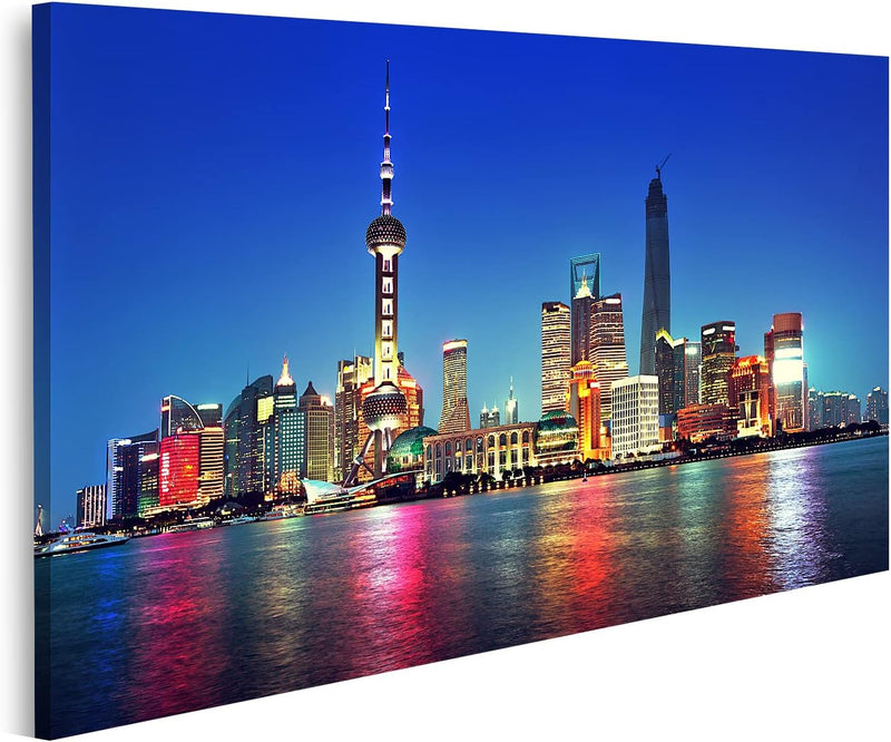 Bild auf Leinwand Shanghai Nacht Neon China Wandbild Poster Kunstdruck Bilder Format: 100x57cm, Form