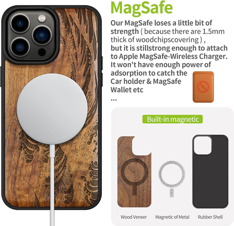 Carveit Handyhülle für iPhone 14 Pro Max Cover Kompatibel mit Magsafe [Holz und TPU Silikon Hybrid h