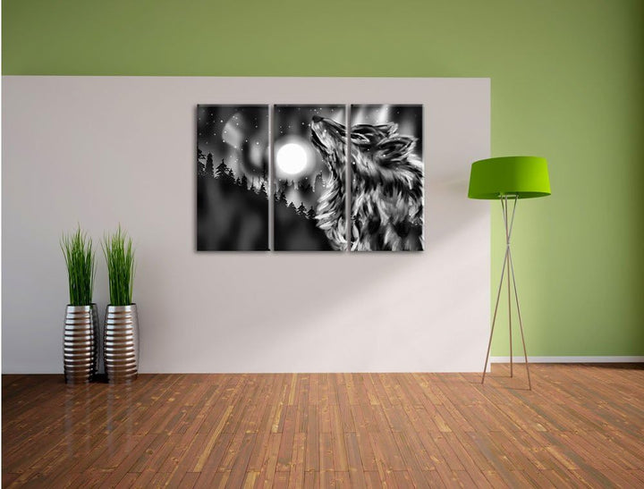 Pixxprint Abstrakter Wolf mit Mond / 3-Teilig/Gesamtmass 120cm Leinwandbild bespannt auf Holzrahmen/