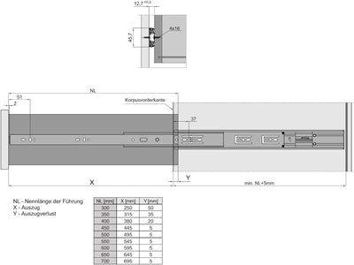 Junker 1 Ve (10 Paar) Vollauszüge KV1-45-H45-L650-SC 650 mm 45 Kg Tragkraft Teleskopschiene mit Soft