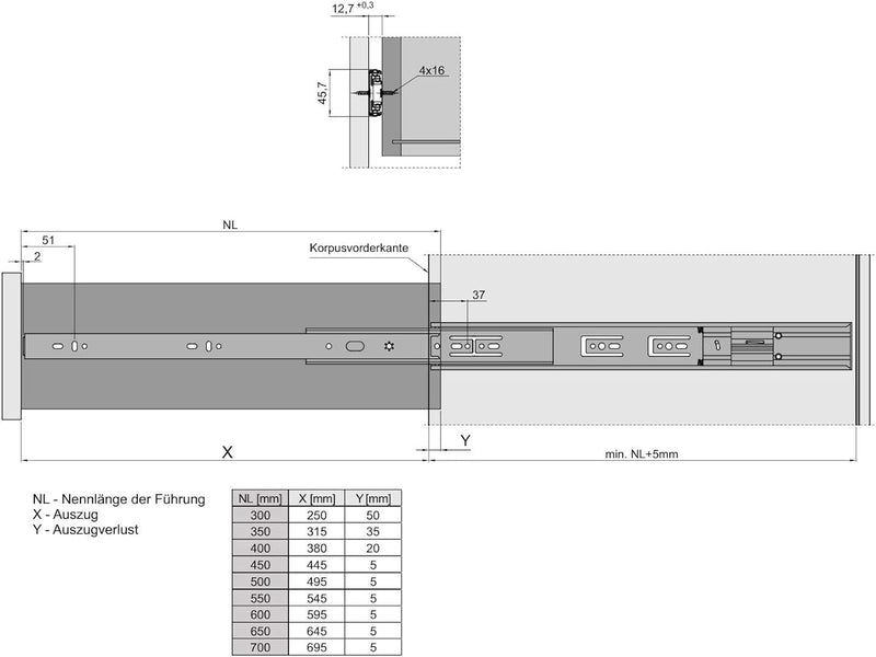 Junker 1 Ve (10 Paar) Vollauszüge KV1-45-H45-L650-SC 650 mm 45 Kg Tragkraft Teleskopschiene mit Soft