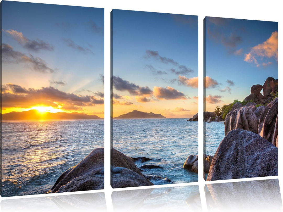 Pixxprint Sonnenuntergang Seychellen als Leinwandbild | Grösse: 3 Teilig (120x80) | Wandbild| Kunstd