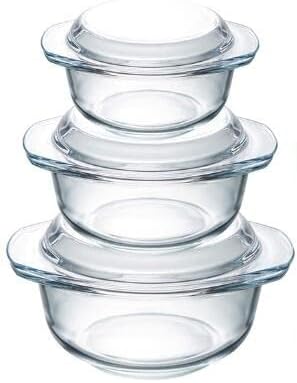 Set mit 3 Glas-Auflaufformen mit Deckel, 1+1.4+1.7L, Runder Kasserolle mit Deckel und Griffen, Ofenf