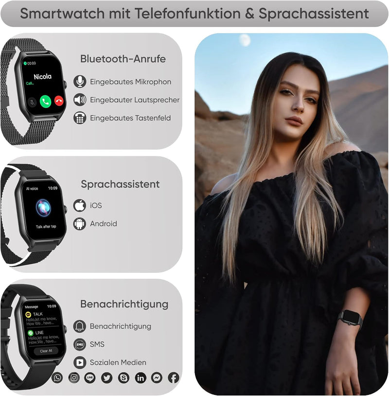 Dachma Uhr Damen Smartwatch telefonfunktion - Android smartwatch Damen mit Whatsapp Funktion 1.85" s