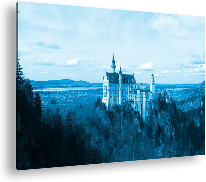 deyoli Burg Neuschwanstein Format 80x60 Effekt: Monocrome Blau als Leinwandbild, Motiv fertig gerahm