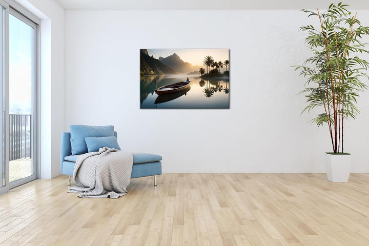 deyoli Palme mit Boot am Strand Format: 80x60 cm als Leinwandbild, Motiv fertig gerahmt auf Echtholz