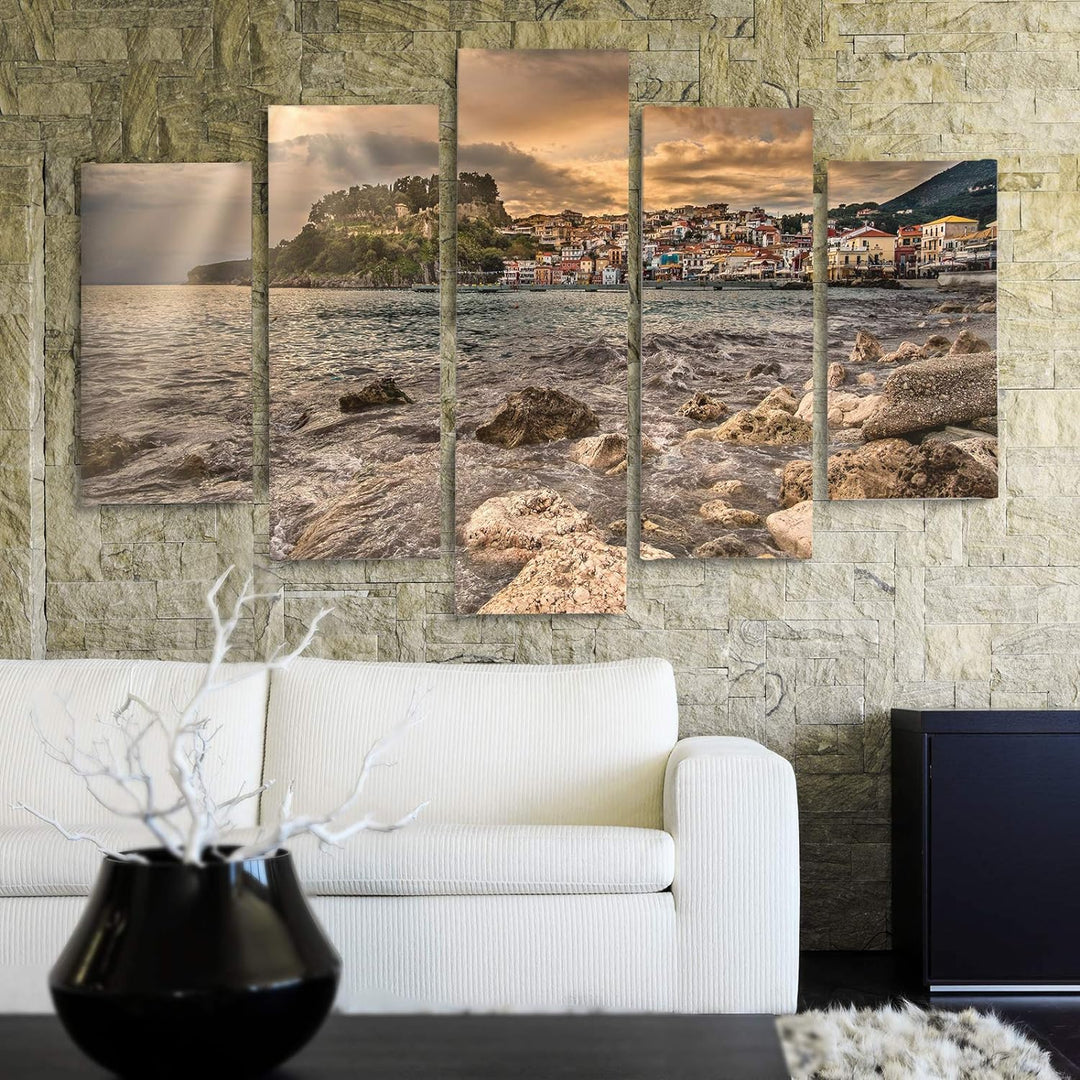 Feeby Bilder Modern Landschaft 5 Teilig Design Art See Städtchen braun 100x70 cm Deco panel 100x70 c