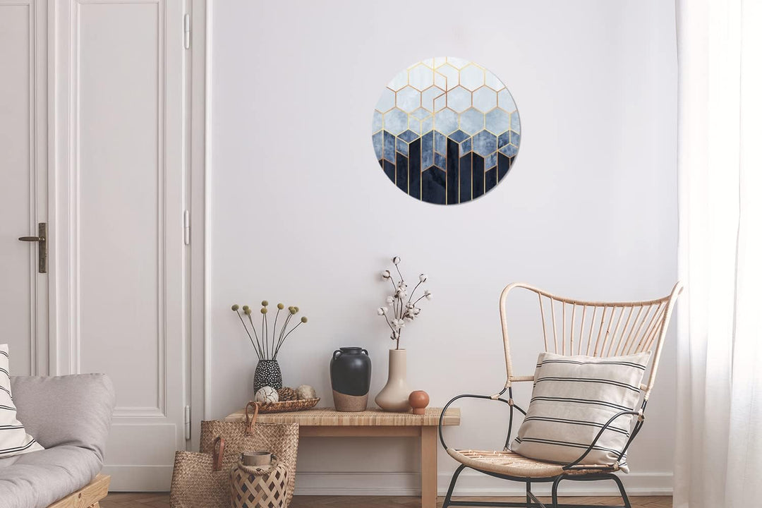 MuchoWow Wandbild Rund Wanddeko Deko Wohnzimmer Bilder 30x30 cm Sechseck - Gold - Schablonen, 30x30