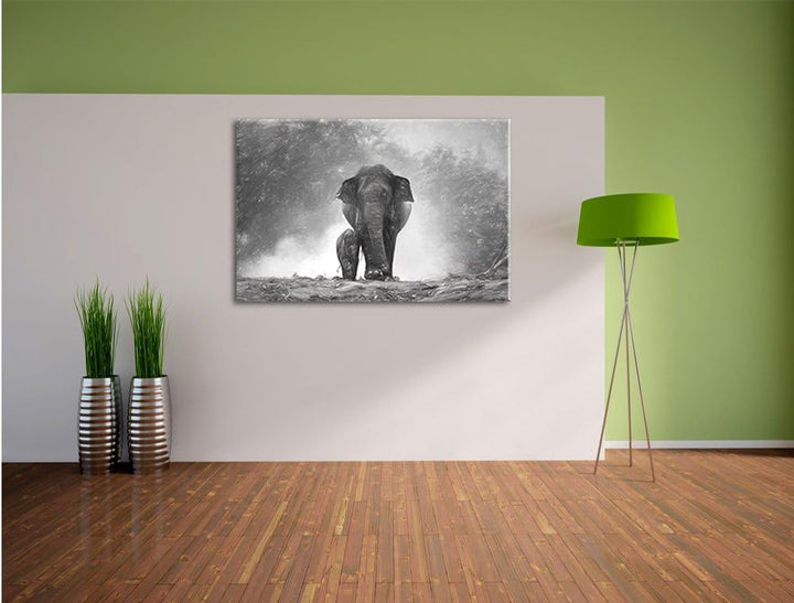 Pixxprint Elefanten Baby Mama / 100x70cm Leinwandbild bespannt auf Holzrahmen/Wandbild Kunstdruck De