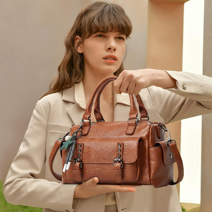 PORRASSO Retro Handtasche Damen Umhängetaschen Frauen Schultertaschen mit Anhänger Wasserdicht PU-Le