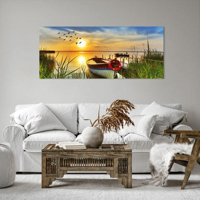 Wandbilder Dekoration Wohnzimmer Boot See Sonnenuntergang Sommer Menschen Bilder auf Leinwand 120x50