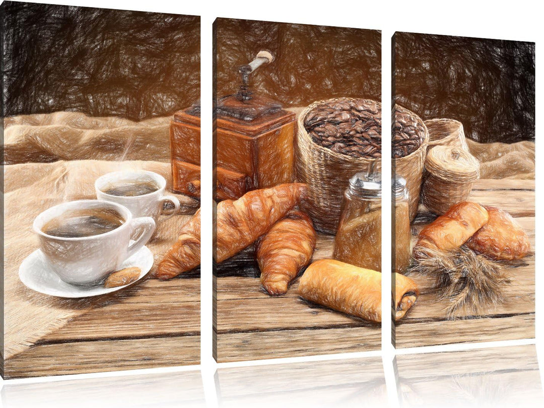 Pixxprint Aromatischer Kaffee mit Croissant Bunstift Effekt 3-Teiler Leinwandbild 120x80 Bild auf Le