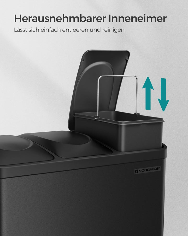 SONGMICS Mülleimer Küche, Mülltrennsystem 3 Fächer, Abfalleimer, 45 Liter Treteimer aus Metall, 3 x