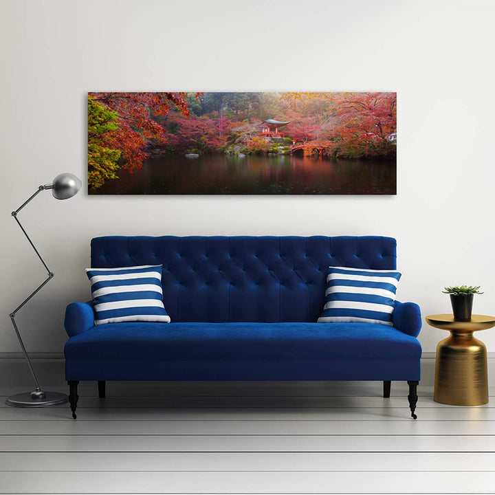 Feeby. Leinwandbild, Bilder, Wand Bild, Wandbilder, Kunstdruck 90x30 cm, JAPAN, PARK, SEE, ROT, 90x3