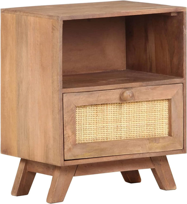 Tidyard Nachttisch Nachtschrank Kommode mit Schublade und Regal Massives Mangoholz & Naturgeflecht 4