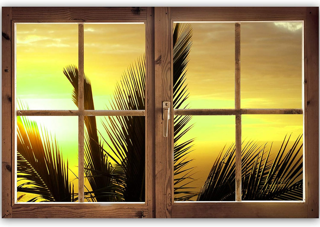 Feeby Wandbild Fensterrahmen Kunstdruck Art Leinwandbild Natur Blätter Orange 90x60 cm 90x60 cm M128