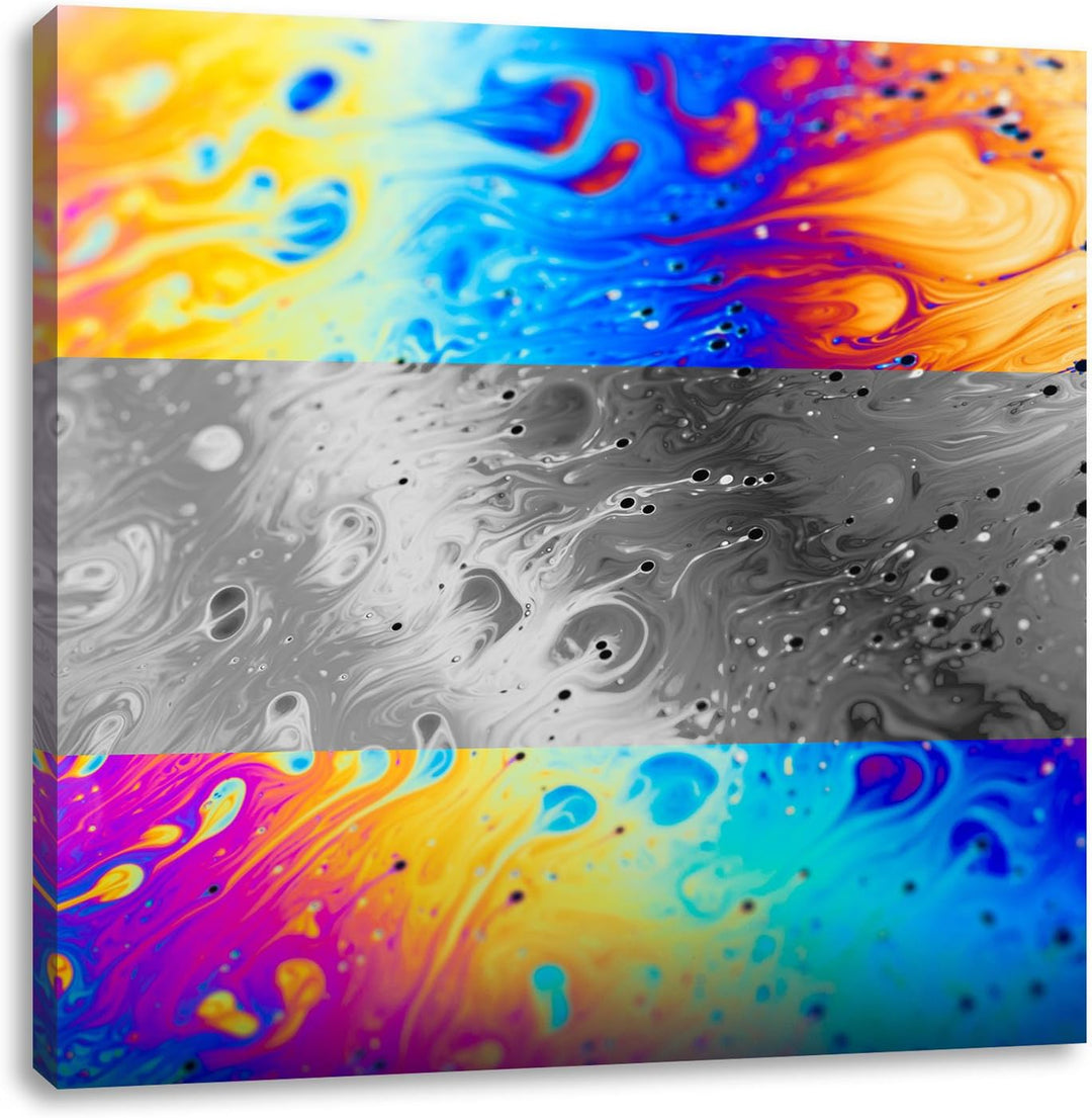 Pixxprint Bunte Ölspritzer auf Glas schwarz/weiss als Leinwandbild Quadratisch/Grösse: 70x70 / Wandb