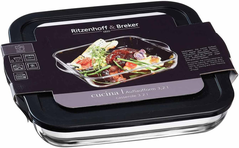 Ritzenhoff & Breker Auflaufform Cucina, aus Glas, Quadratisch, 32 x 29 cm, 3,2 Liter, Frischhaltedos