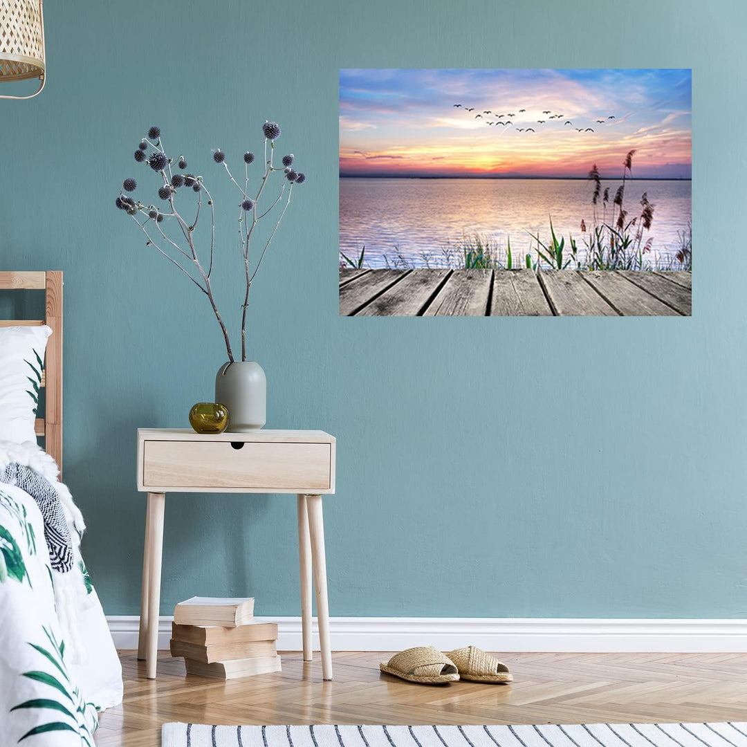 Feeby Vlies Leinwandbild See Sonnenuntergang Holzsteg Strand 90x60 cm Druckbild Wandbild Wanddekorat